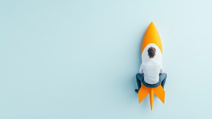 A businessman sits on a vibrant orange rocket, symbolizing innovative ideas and the journey to success. Perfect for themes of ambition and creativity.