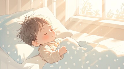 A serene image capturing a child in deep sleep, warmly tucked under a polka-dotted blanket, as the morning sun streams gently through a window, embracing tranquility.
