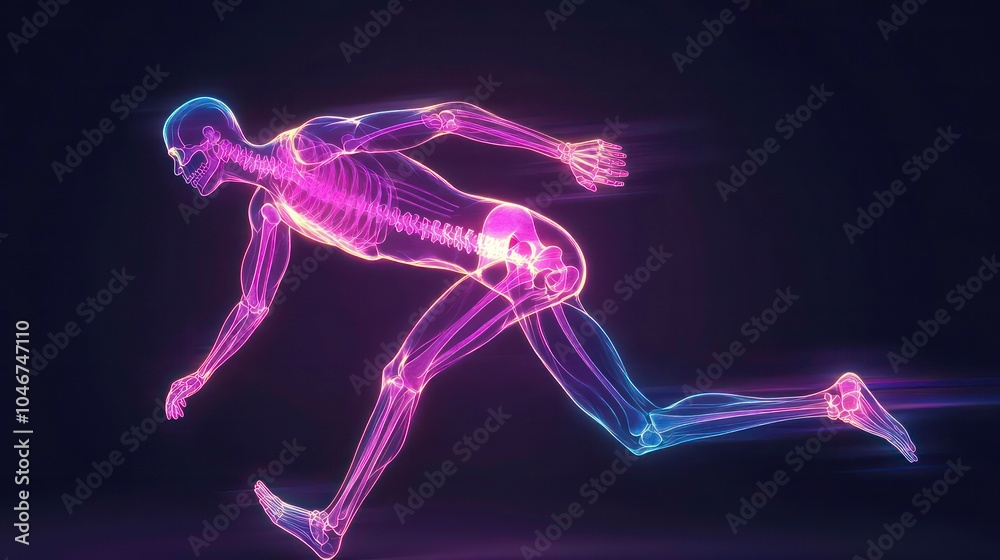 Poster a glowing skeletal figure running with vibrant colors, representing human motion and speed.