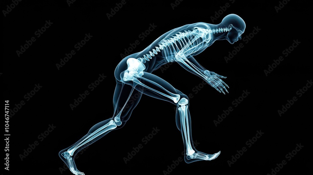 Poster a skeletal figure in a starting position for a race, with a black background.