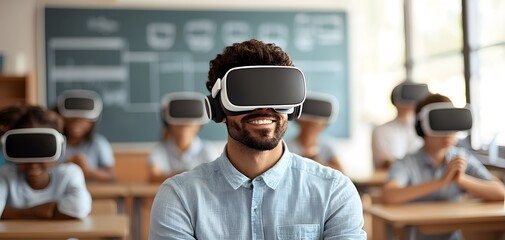 Engaging Virtual Reality Classroom Session with Students and a Teacher in Innovative Education Setting. Virutal Reality Learning Concept