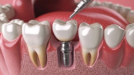 A dental implant procedure is shown, showcasing a metal post being inserted in the jawbone with surrounding teeth for restoration.