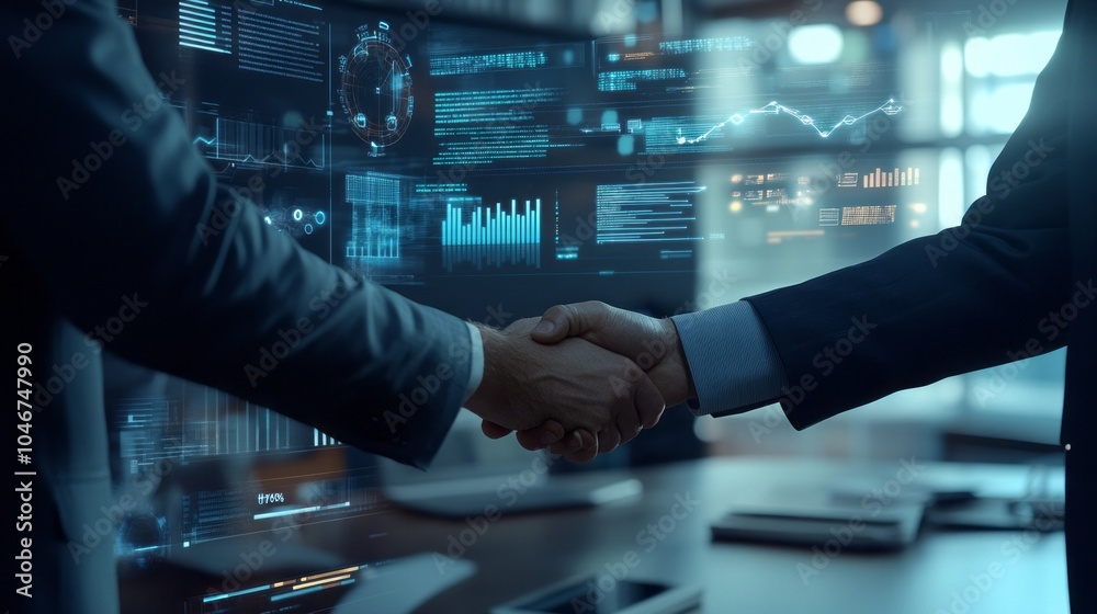 Aufkleber Two men shake hands in front of a computer monitor displaying graphs and numbers