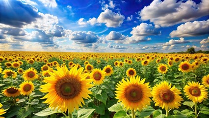Fototapeta premium A vibrant and colorful sunflower field in full bloom against a bright blue sky with fluffy white clouds, bright colors, outdoor scene, sunny yellow flowers, nature wallpaper