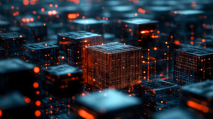 Obraz premium Glowing Data Cubes in a Digital Landscape
