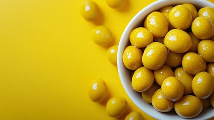 Fototapeta premium A vibrant bowl of yellow fruits sits against a bright yellow background, creating a cheerful and inviting visual.