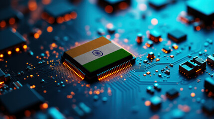 A India themed chip is placed on a detailed circuit board, with glowing connections that emphasize influence in electronics, computing, and tech innovation.