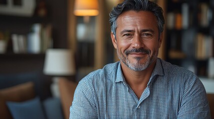 Fototapeta premium A smiling man with salt-and-pepper hair, wearing a checkered shirt, appears relaxed in a cozy, well-lit indoor setting.
