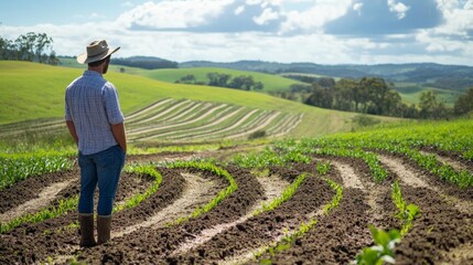 A farmer preparing a keyline design on sloped land, ensuring water retention and soil fertility on a regenerative farm.