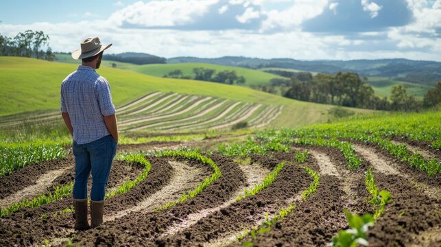 A farmer preparing a keyline design on sloped land, ensuring water retention and soil fertility on a regenerative farm.