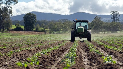 Fototapeta premium A farmer using water-efficient techniques like keyline plowing on a regenerative farm, ensuring sustainable land management.