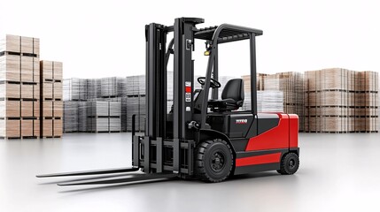 A modern forklift is positioned in a spacious warehouse filled with stacked pallets, showcasing efficient material handling.
