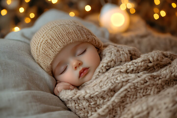Child sleeping in cozy bed with night lamp