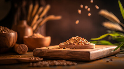 A close-up of a pile of wheat grains on a wooden board.