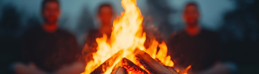 Bonfire party with sparks flying, music playing, friends sitting close together, smiles all around bonfire party, music, friends