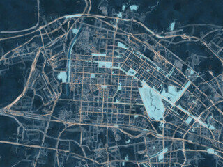 Painterly Style City Map of Baotou, People's Republic of China in a Blue Color Scheme.