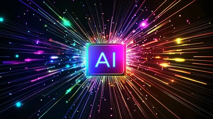 Obraz premium Vibrant digital artwork featuring a glowing 'AI' symbol surrounded by colorful light bursts and rays, symbolizing innovation and technology.