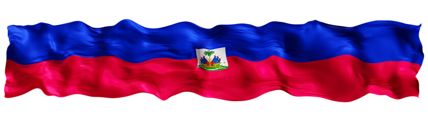 Stylized flag of Haiti waving in the wind on transparent background. Footer, header or divider. Cut out wide, panoramic element. Banner for patriotic themes or national event promotions. 3D.