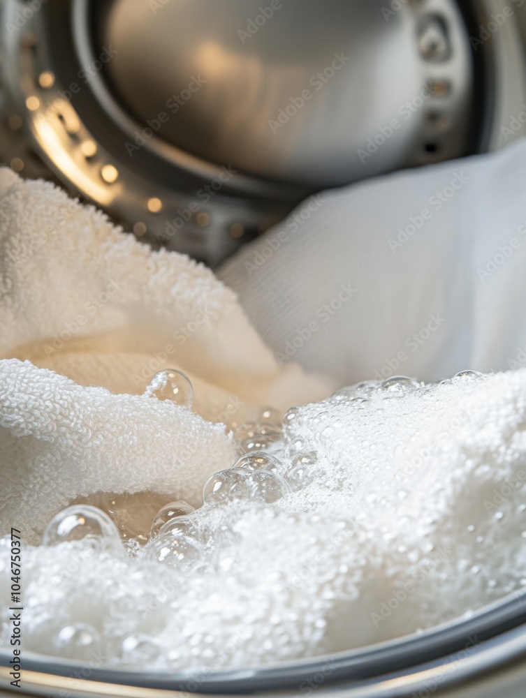 Poster a washing machine drum filled with white towels soaking in sudsy water, highlighting the cleaning pr