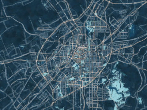 Painterly Style City Map of Changchun, People's Republic of China in a Blue Color Scheme.