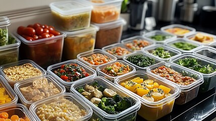  Batch cooking meal prep with tupperware containers filled with various healthy foods