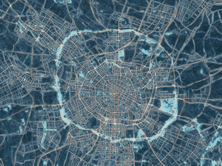 Painterly Style City Map of Chengdu, People's Republic of China in a Blue Color Scheme.