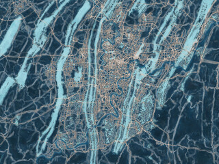 Painterly Style City Map of Chongqing, People's Republic of China in a Blue Color Scheme.