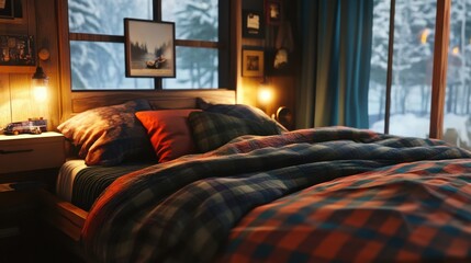 Cozy bed with a plaid comforter