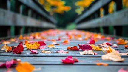 Colorful leaves on a wooden bridge