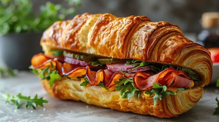 Fresh croissant sandwich with ham and mixed vegetables