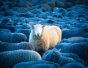 A white sheep, in a field of blue sheep. Symbolism of standing out.