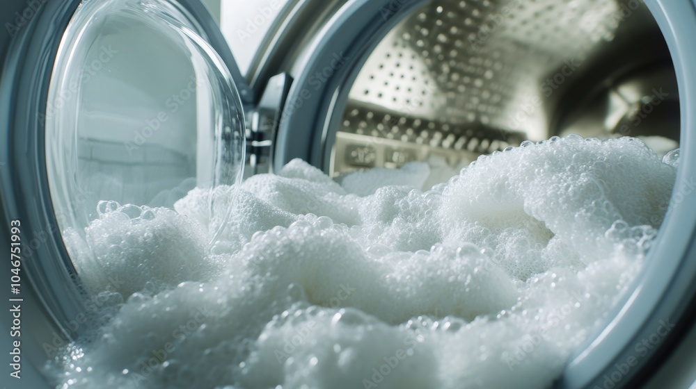 Fototapete Bubbles overflow from the washing machine drum, where white towels are being cleaned in a laundry load with detergent. Generative AI