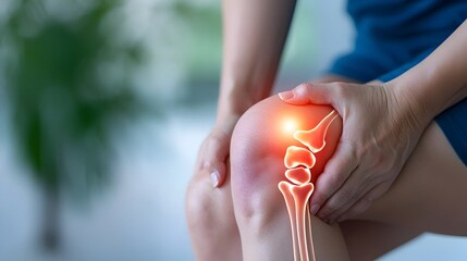 Closeup view of a woman s knee showing signs of severe pain and discomfort due to osteoarthritis or a traumatic injury  The image highlights the medical issue and health problem affecting the joint