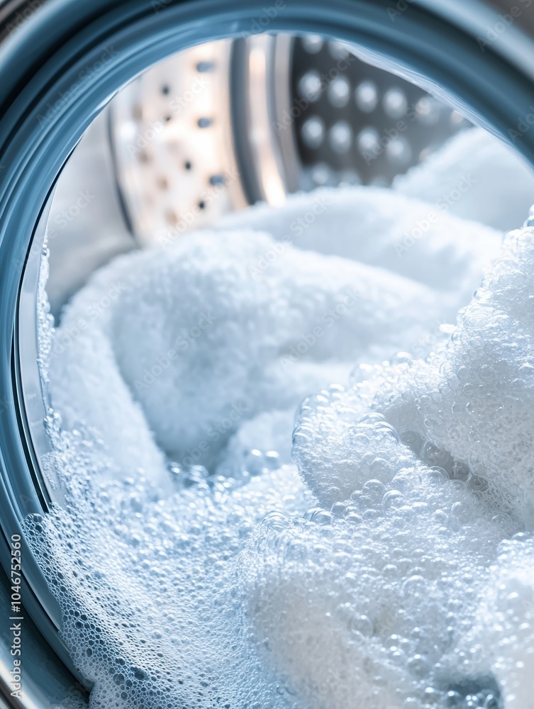 Poster the washing machine drum spins with a load of clean white towels and bubbles, indicating an active w
