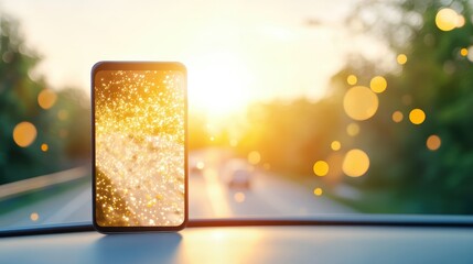 A smartphone displaying a real time map with traffic updates while driving on a highway.