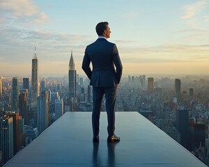 Obraz na płótnie Canvas Businessman Overlooking Cityscape at Sunrise