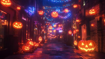 Obraz premium A narrow city street decorated with glowing jack-o'-lantern lights for Halloween.