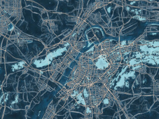 Painterly Style City Map of Nanjing, People's Republic of China in a Blue Color Scheme.