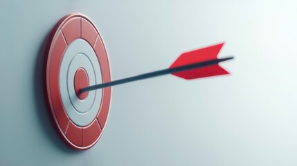 Red arrow aim to business target goal hit success center accuracy competition symbol or strategy dartboard and winner bullseye archery isolated on white 3d background icon with marketing achievement.