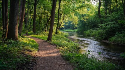 Obraz premium A forest trail leading to a quiet river, with a hiker enjoying the peacefulness of nature without the distraction of a phone.