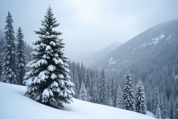 Fototapeta premium snowy pine landscape covered snow cold winter day outdoors mountains surrounded nature
