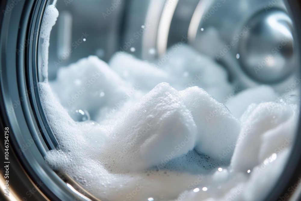 Aufkleber The washing machine drum is packed with soft, white towels, surrounded by frothy bubbles from the detergent in action. Generative AI