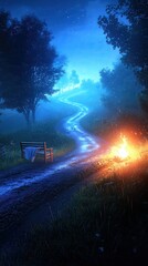 Obraz premium A Serene Pathway Through Nature at Dusk with an Inviting Fire and a Lonely Bench