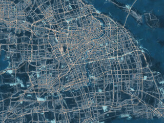 Painterly Style City Map of Shanghai, People's Republic of China in a Blue Color Scheme.
