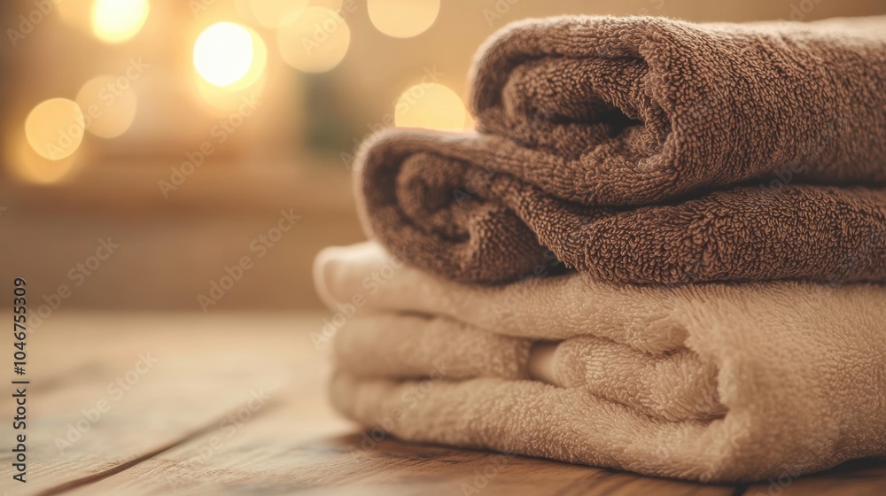 Aufkleber clean, soft towels are arranged in a neat stack on a textured wooden table, illuminated by warm, glo