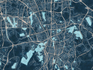 Painterly Style City Map of Urumqi, People's Republic of China in a Blue Color Scheme.