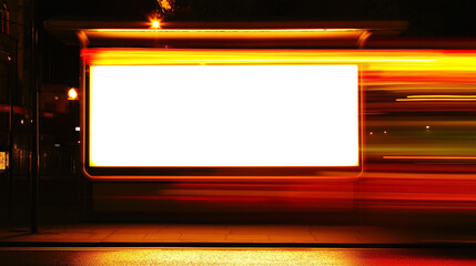 Obraz premium Bright, blank billboard at night with fast-moving light trails, symbolizing urban advertising and city energy.