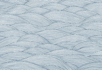 ペン画の手描きの紺色の波白背景