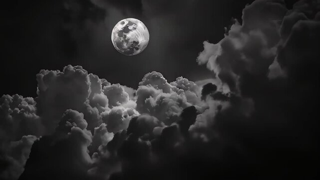The moon glowing behind the moving clouds