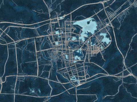 Painterly Style City Map of Yangjiang, People's Republic of China in a Blue Color Scheme.